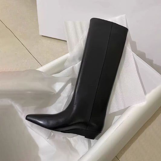 Women's Version Fat Genuine Retro Tall Knight Chunky Slimming Women's Leather Boots