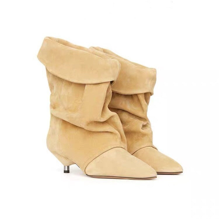 Women's Kitten Pointed Sleeve Pleated Suede Pile Style Large Size Wide Boots
