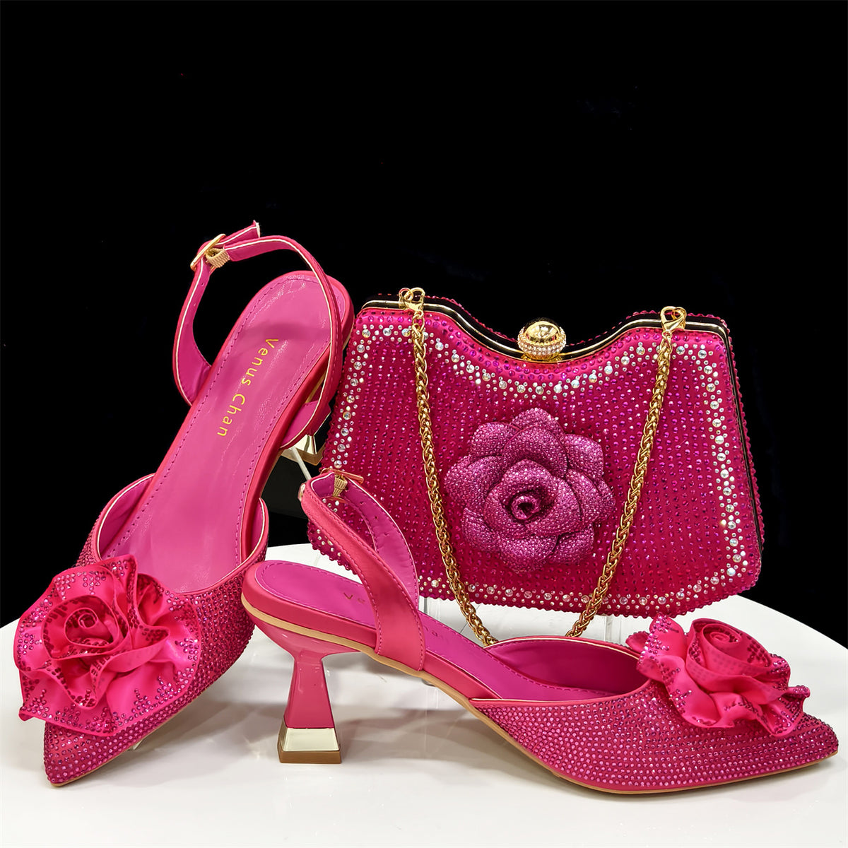 Women's Bags Set Pointed Toe High Rhinestone Flower With Handbag Women's Fashion Shoes
