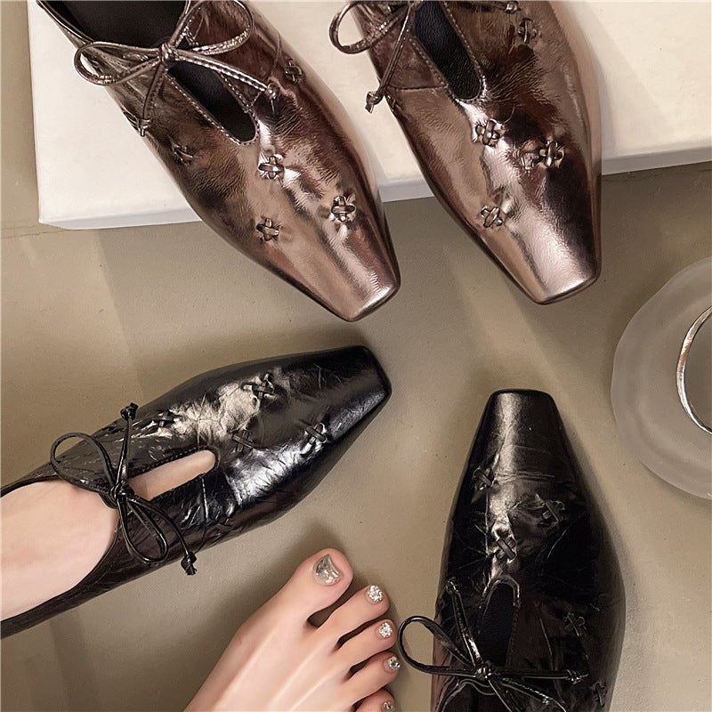 Women's First Layer Cowhide Deep Mouth Pumps Autumn Retro Style Leather Shoes