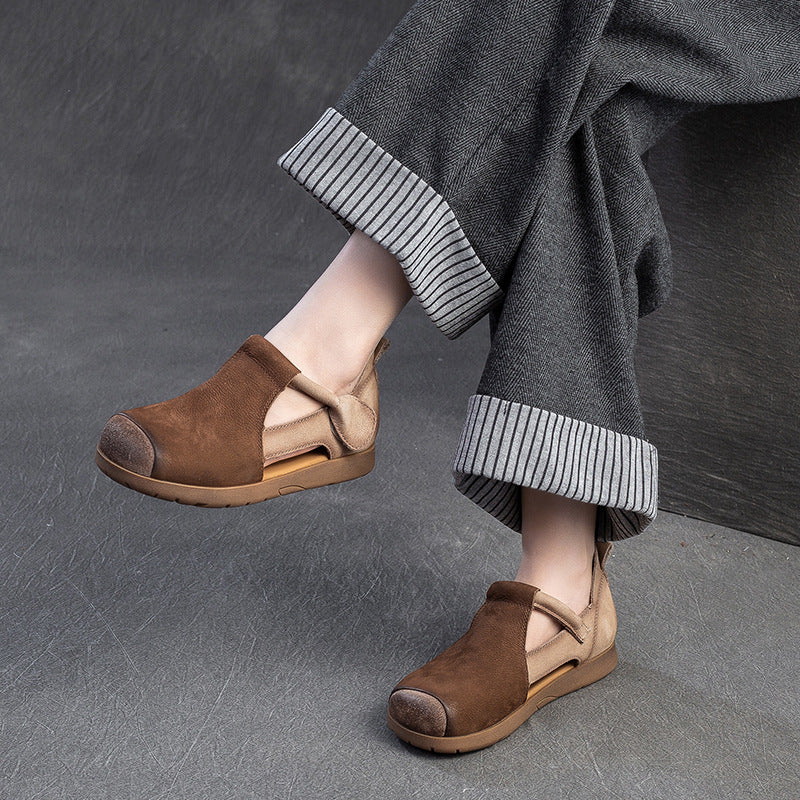 Women's Layer Cowhide Velcro Pig Nose Hollow Flat Sandals
