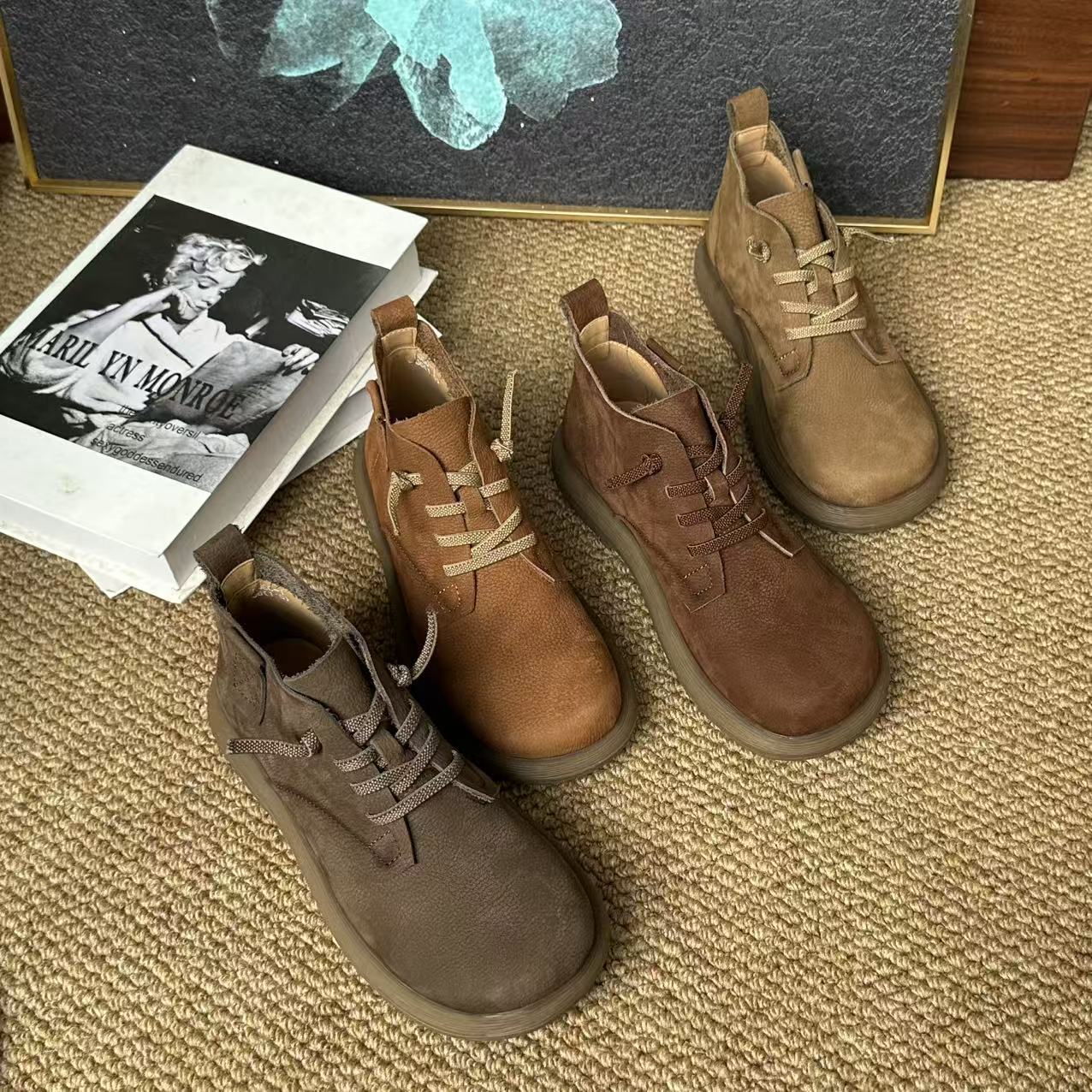 Layer Cowhide Retro Ankle Cotton Linen Style Genuine Round Toe Boots