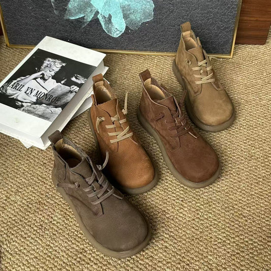 Layer Cowhide Retro Ankle Cotton Linen Style Genuine Round Toe Boots