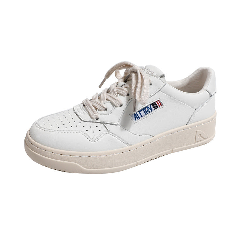 Women's White Calf Stitching Retro Round Toe Niche Casual Shoes