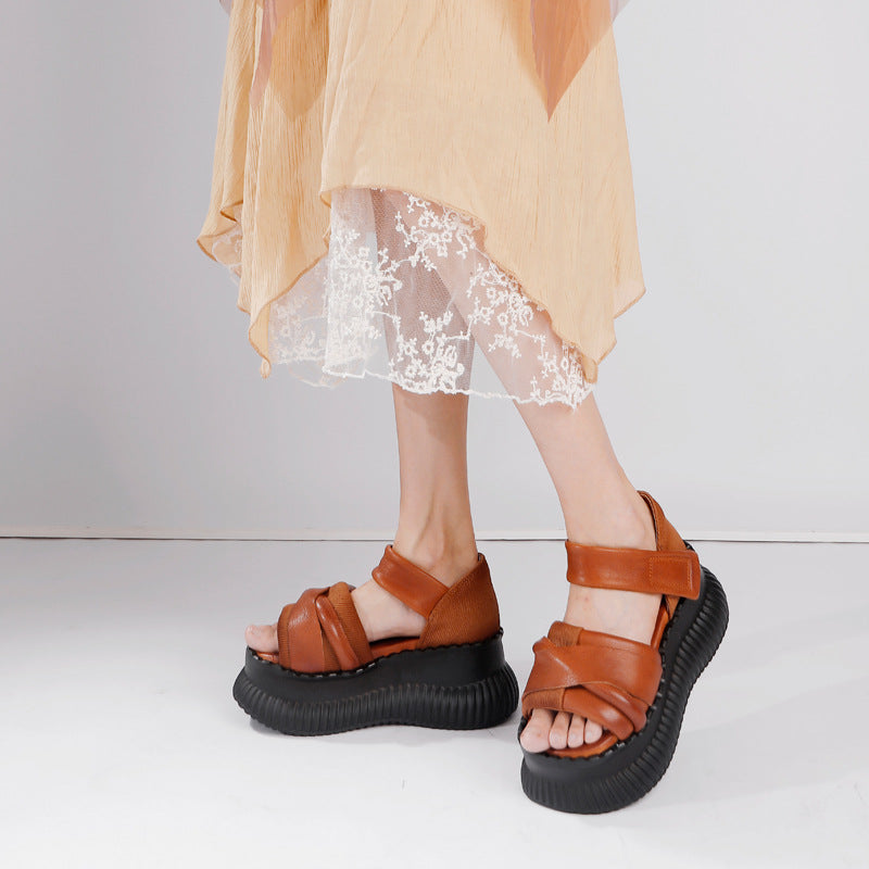 Women's Tail Goods Thick Bottom Fish Mouth Bread Retro Genuine Sandals