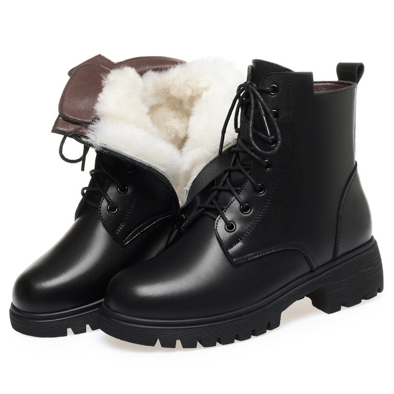 Women's With Fleece Lining Short Thick Bottom Martin Women's Leather Boots