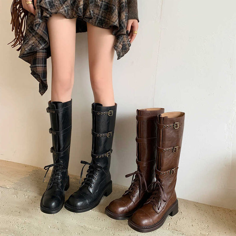 Women's High Tube Below The Knee Knight Retro Distressed Women's Leather Boots