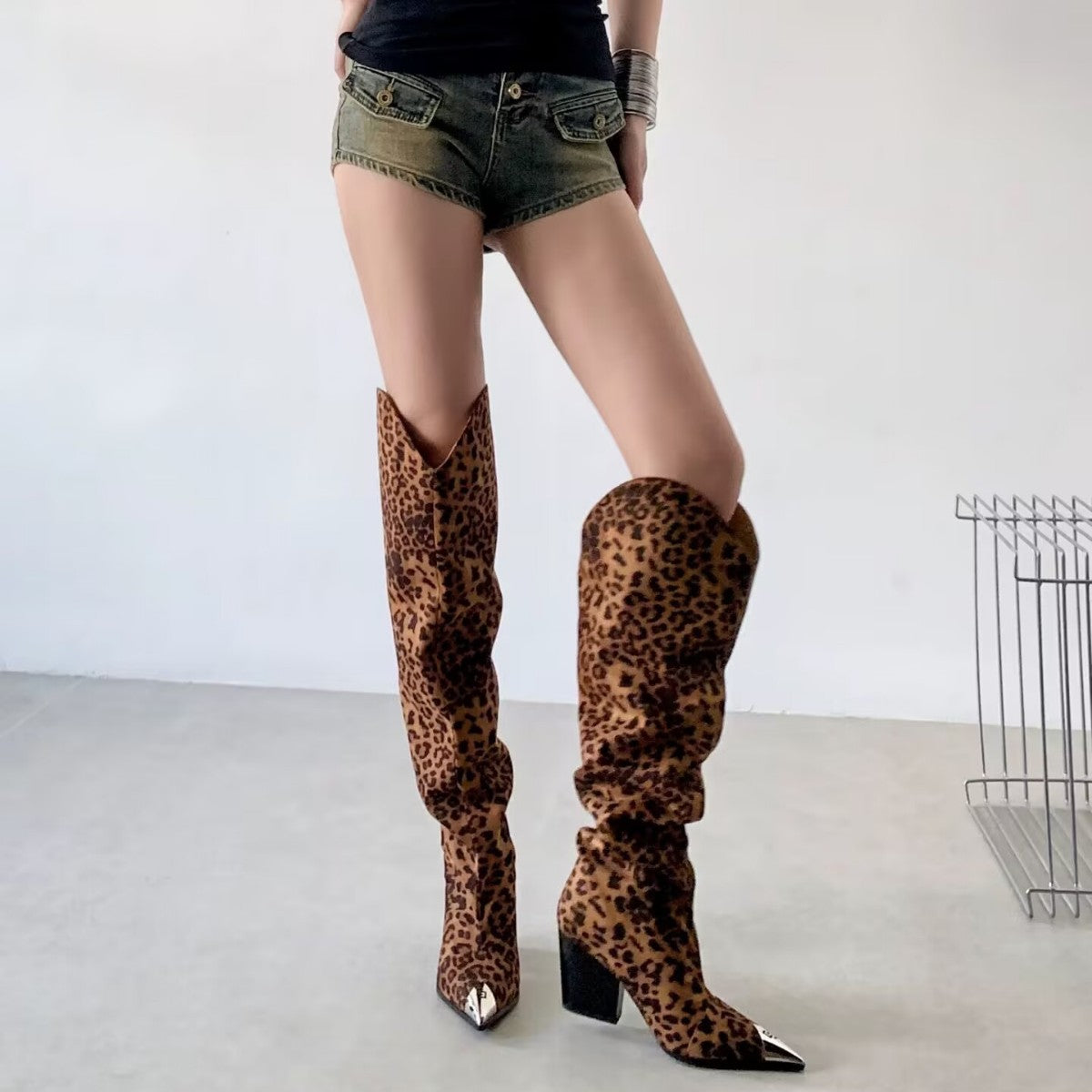 Hot Leopard Print Oversized Pointed Toe Pile Style Chunky Women's Leather Boots