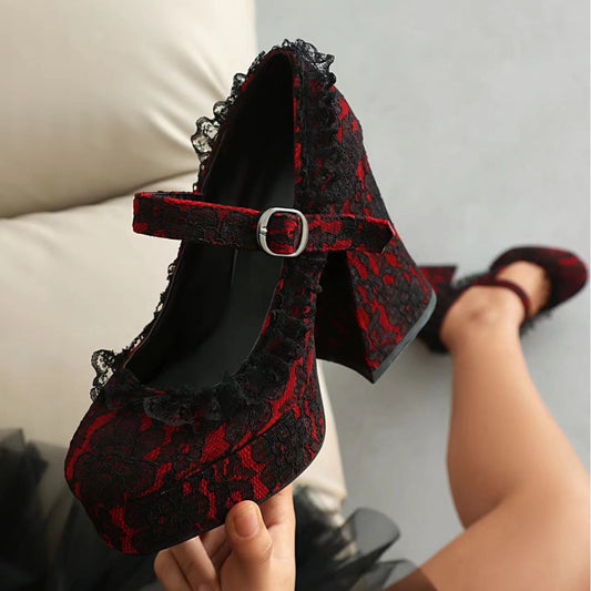 Waterproof Platform High Elegant Thick Bottom Lace Edge Mary Jane Heels