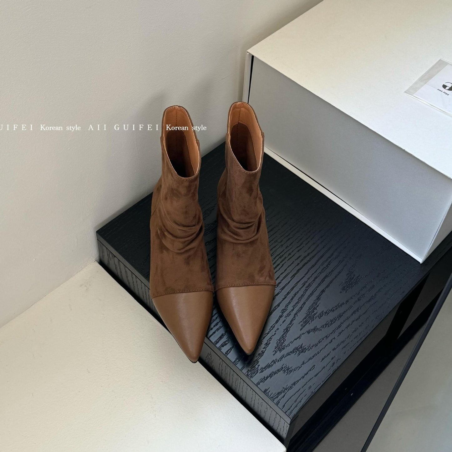 Height Increasing Insole Pile Style Booties Chelsea Pointed Women's Leather Boots