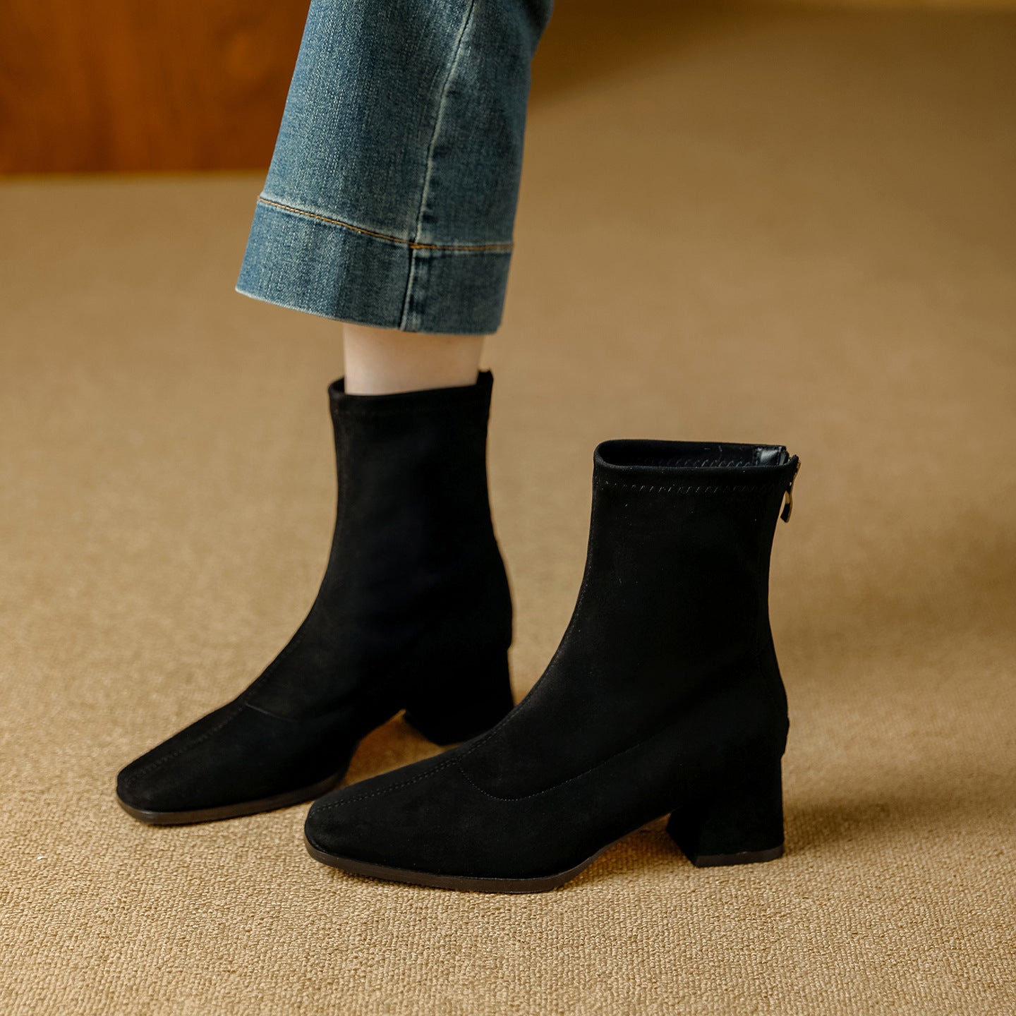 Women's French Square Toe Chunky Suede Ankle Boots