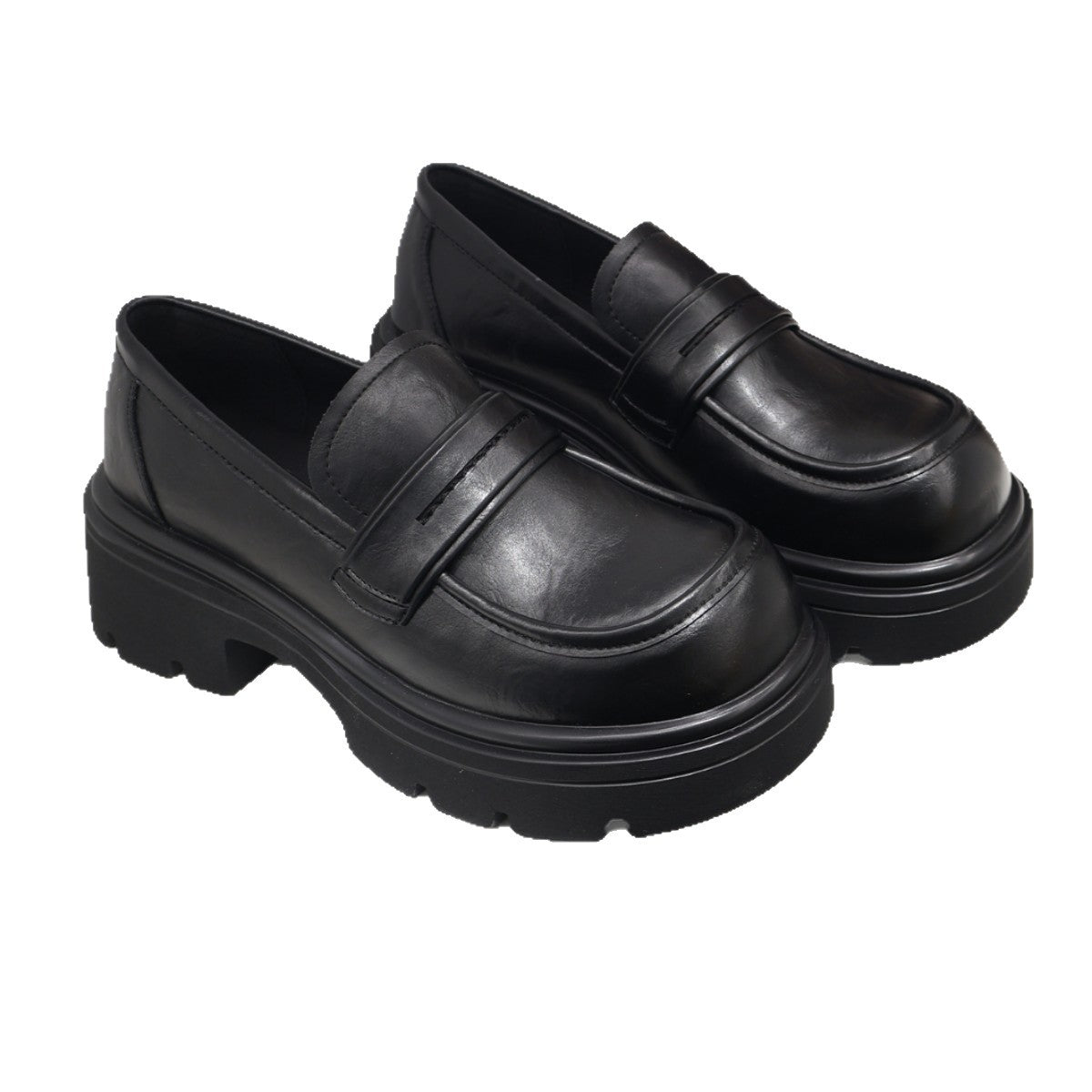 Women's Platform British Style Slip-on Pumps Height Increasing Chunky Small Low Leather Shoes