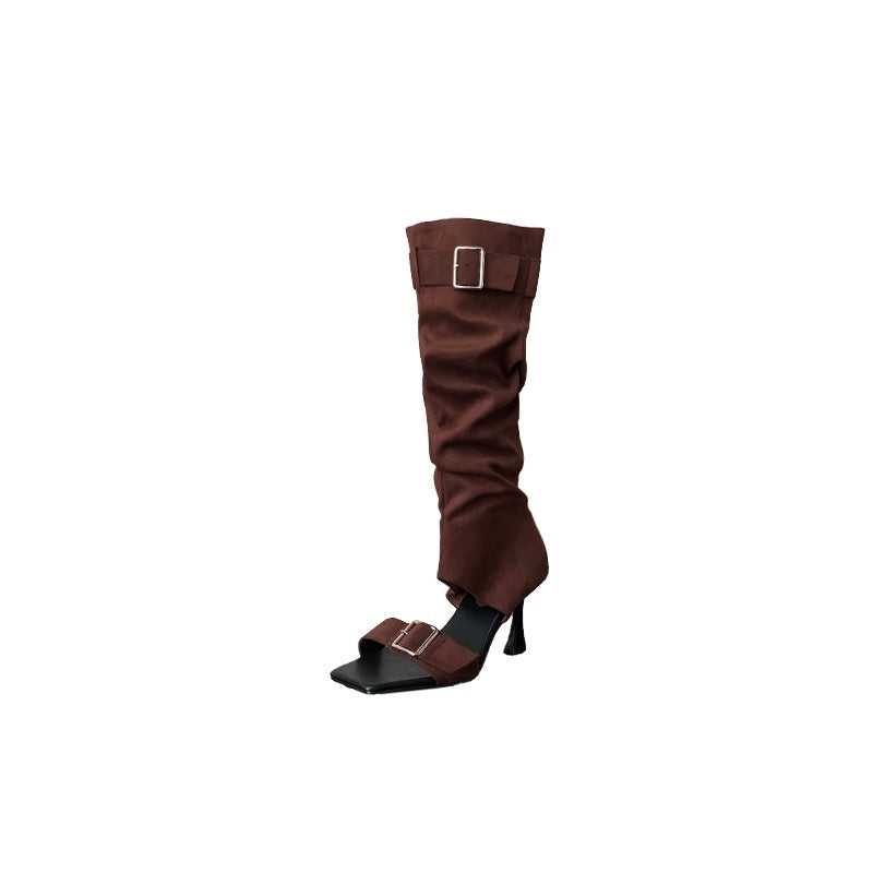 Square Toe High-heeled Strap Limp Hollowed High Heeled Sandals