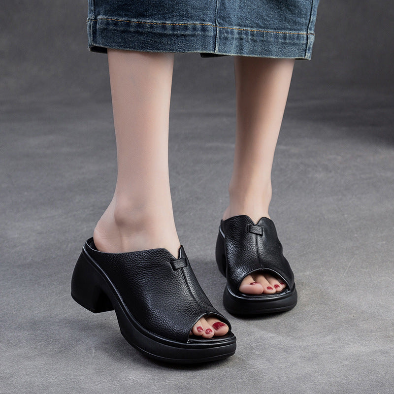 Women's Shu Summer Peep Toe Thick Bottom Top Layer Cowhide Slippers