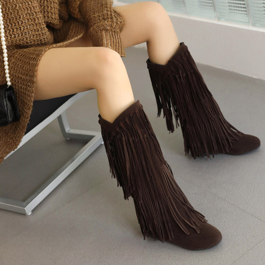 Women's Tassel Round Toe Invisible Elevated High Leg Long Women's Leather Boots