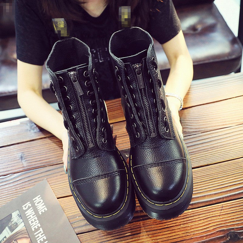 British Thick-soled Martin Front Zipper Top Layer Lychee Pattern Ankle Women's Leather Boots