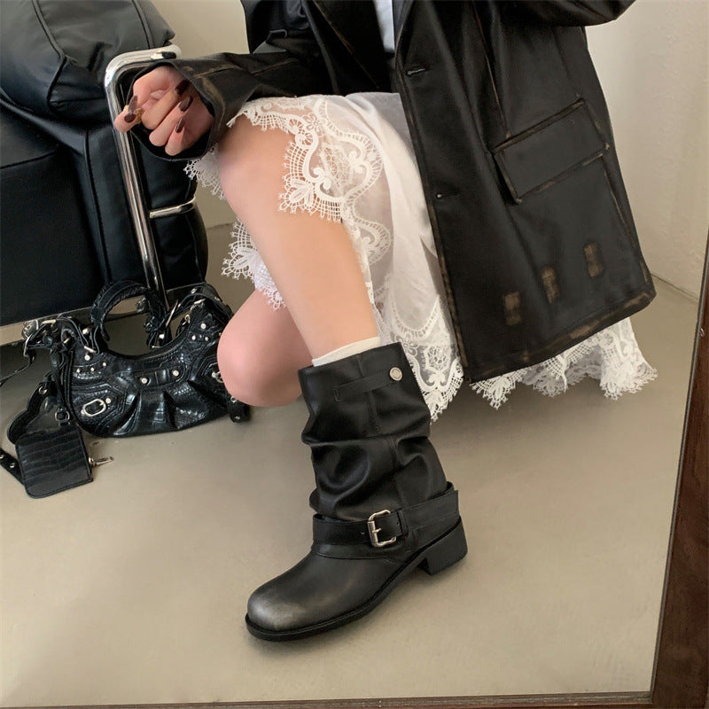 Women's Pleated Pile Style Black Round Vintage Genuine Chunky Women's Leather Boots