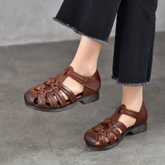 Women's Cowhide Low Roman Soft Bottom Cutout Flat Sandals