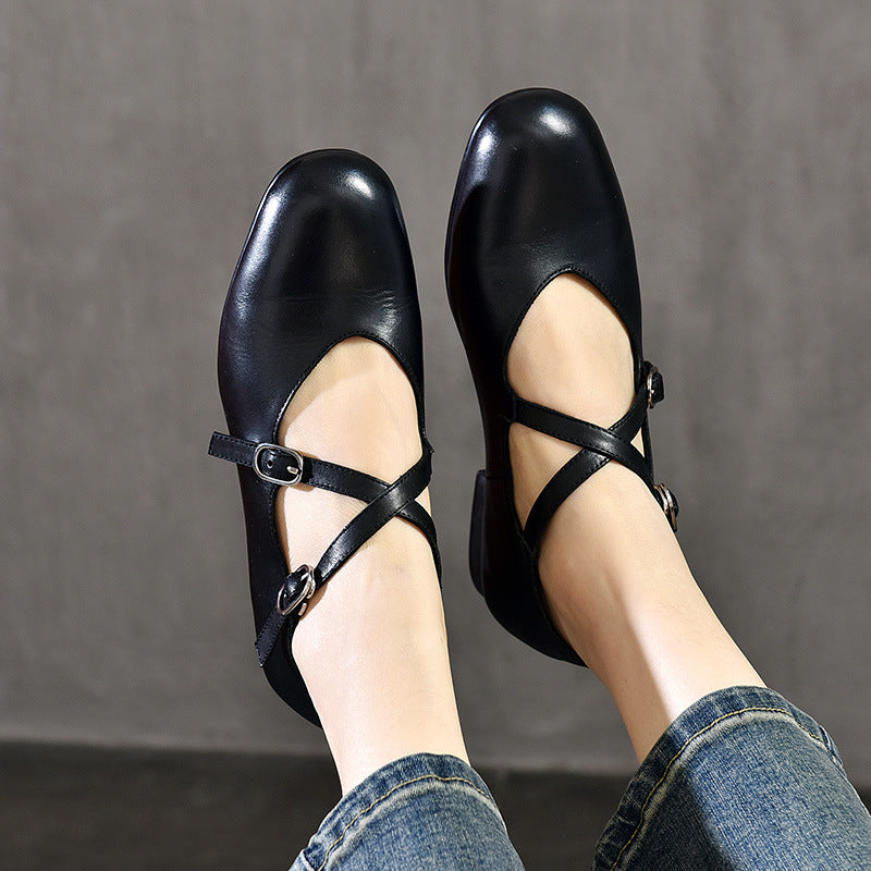 Women's Round Head Cross Strap Low Mary Jane Genuine Leather Shoes