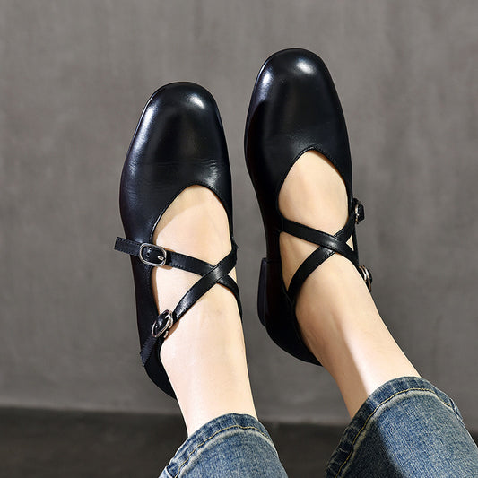 Women's Round Head Cross Strap Low Mary Jane Genuine Leather Shoes