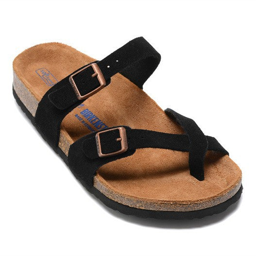 Women's & Men's Single Buckle Soft Bottom Cork Toe Ring Flat Slippers