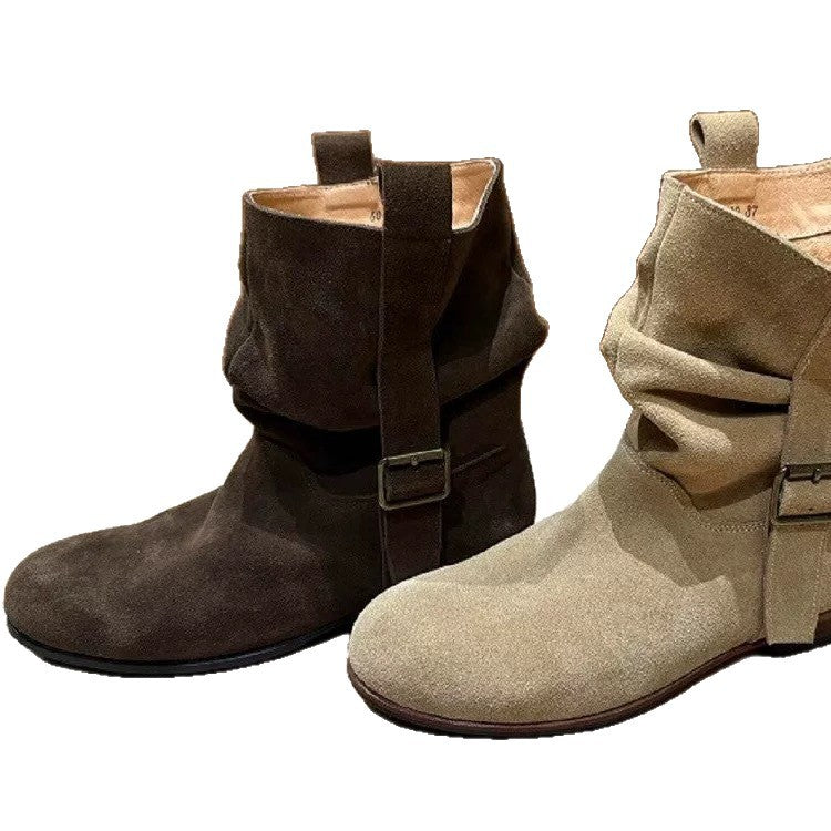 Women's Version Korean Style Ruffle Pile Round Toe Flat Bottom Western Women's Leather Boots