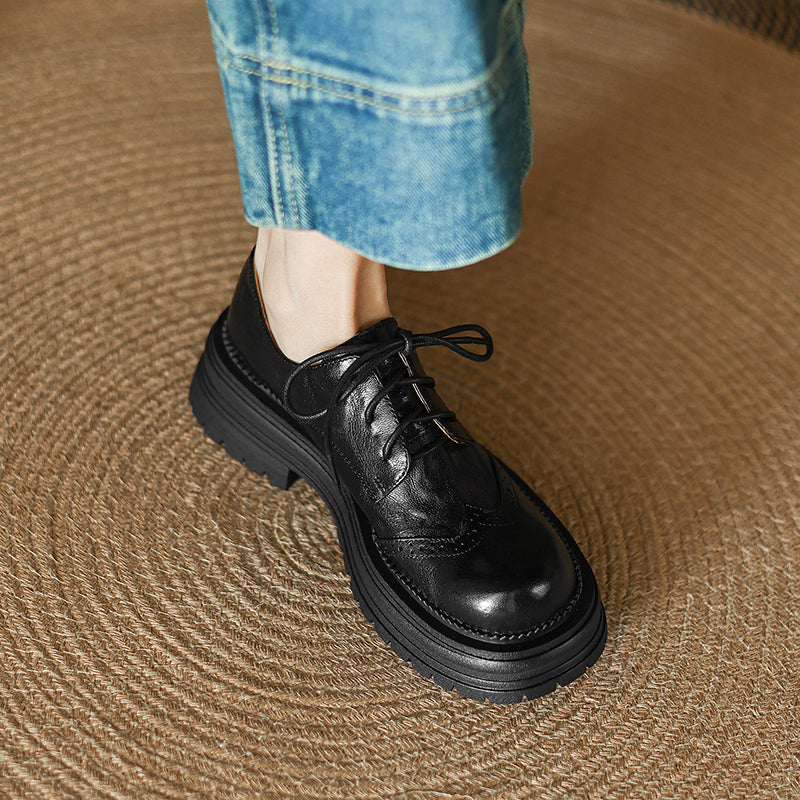 Women's Sheepskin Platform Carved Spring British Retro Leather Shoes