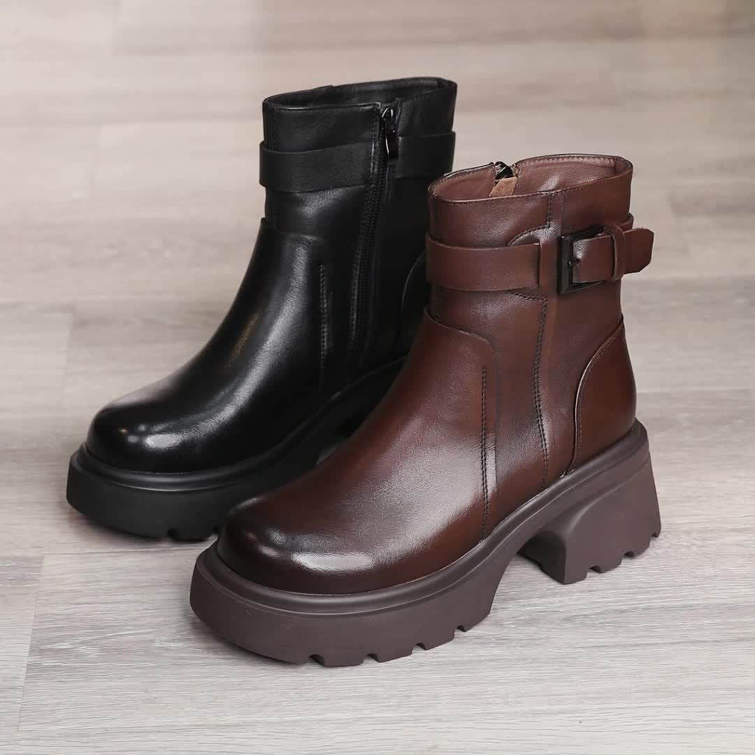 Women's Platform Martin Small High Side Zipper Short Belt Buckle Women's Leather Boots