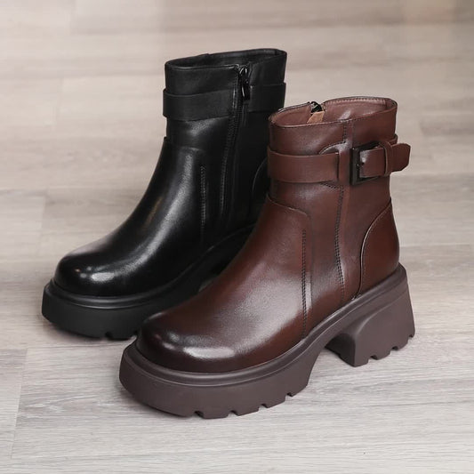 Women's Platform Martin Small High Side Zipper Short Belt Buckle Women's Leather Boots