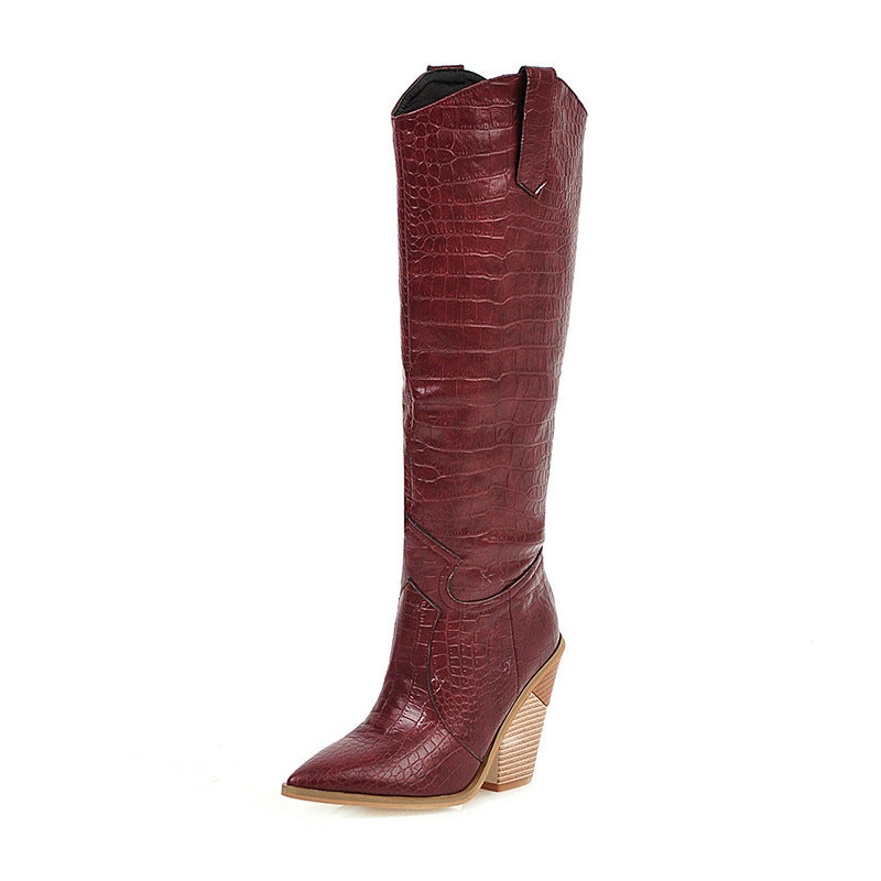 Women's Scale Grain Pointed Toe High Leg Women's Leather Boots