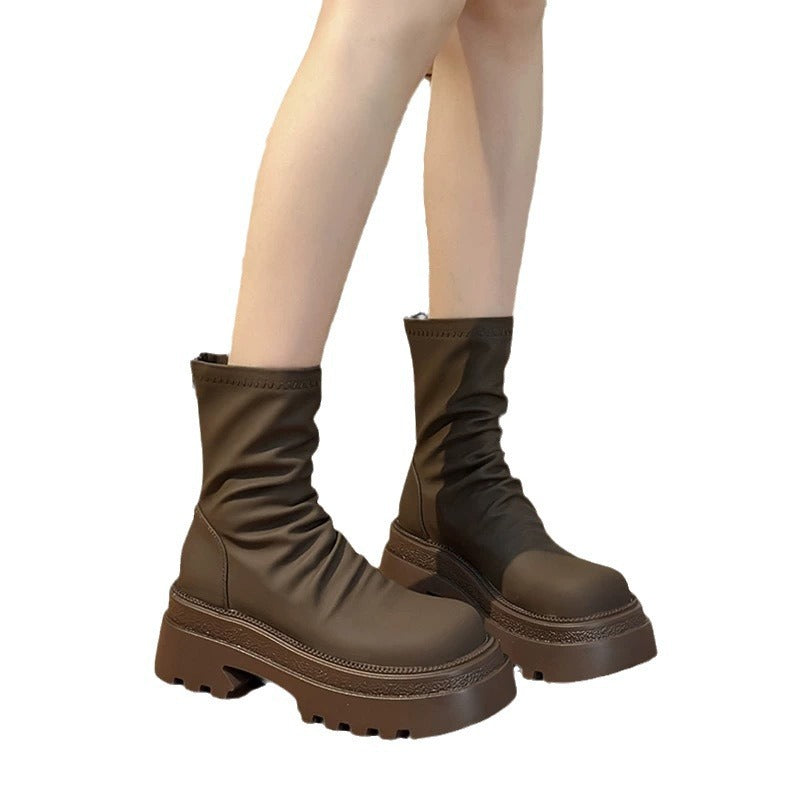 Women's Platform Martin Stretch Thin Versatile Slimming Pleated Pile Style Smoke Boots