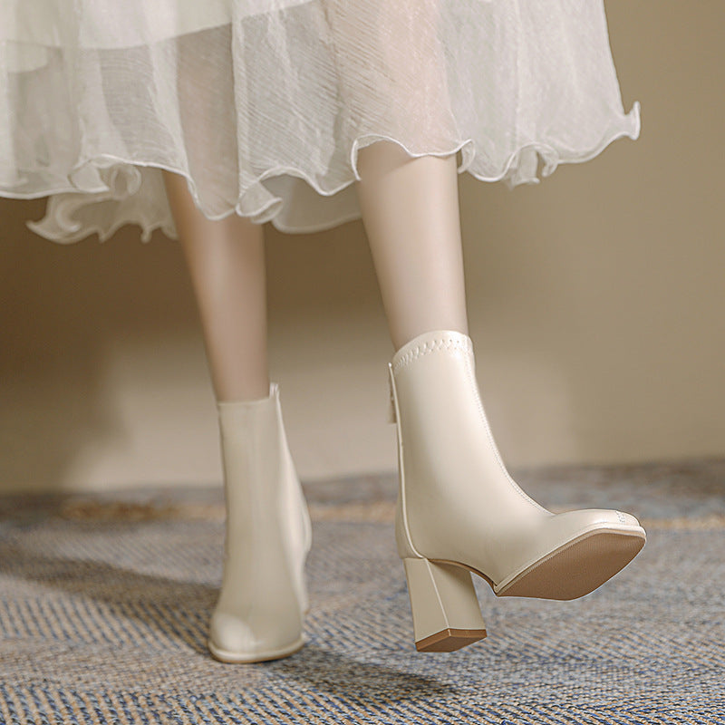 Women's Short Chunky French Square Toe Single-layer Boots