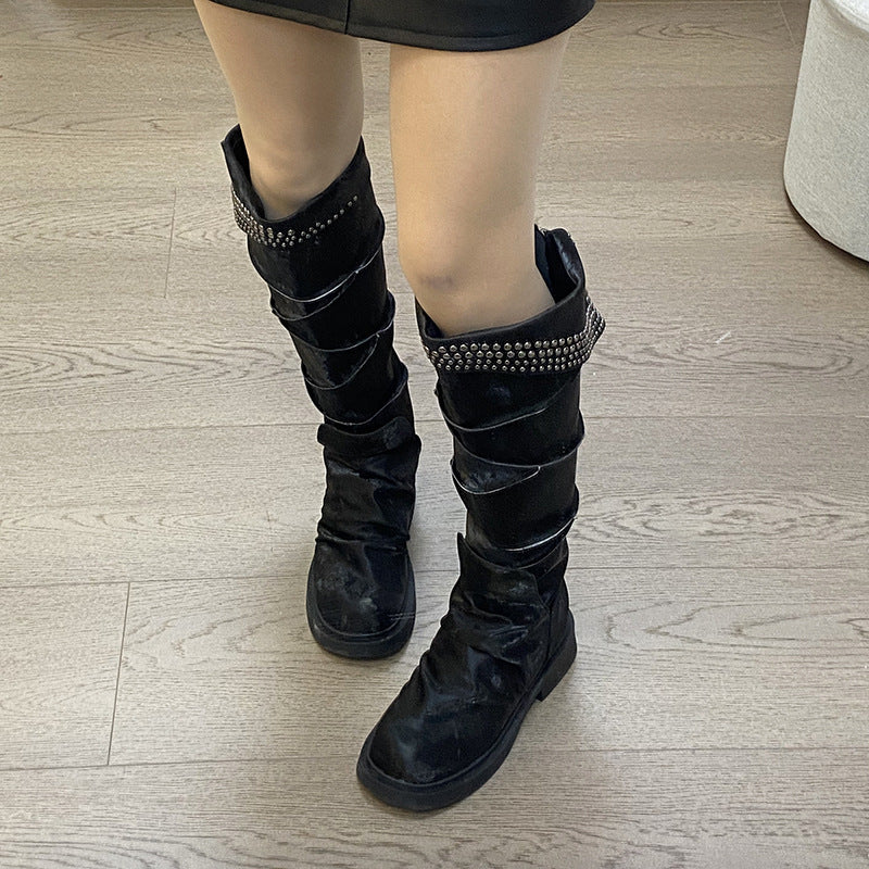 Round Head Chunky Western Cowboy Female Rivet Women's Leather Boots