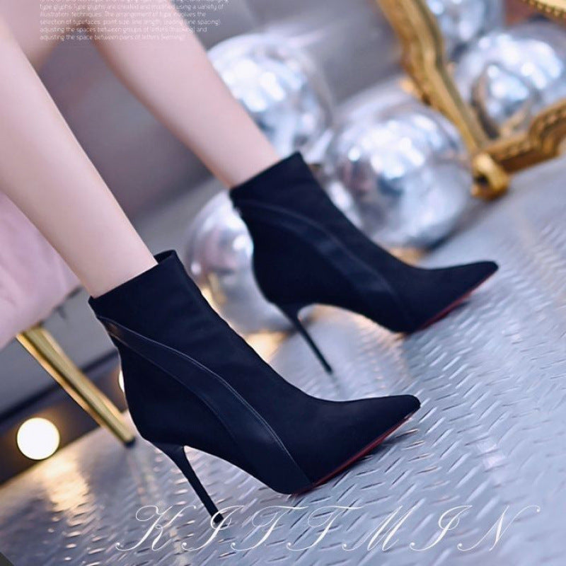 Women's & Men's Black Fleece-lined Skinny Pointed Toe Back Zipper Boots