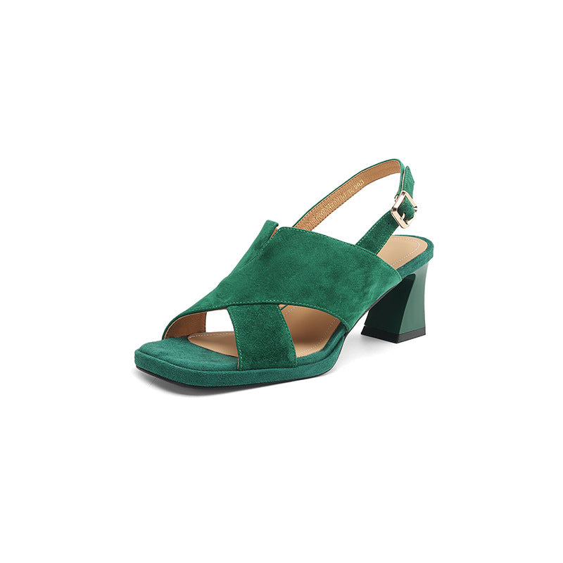 Sheepskin Summer Square Toe Chunky Open With Buckle Green High Heeled Sandals