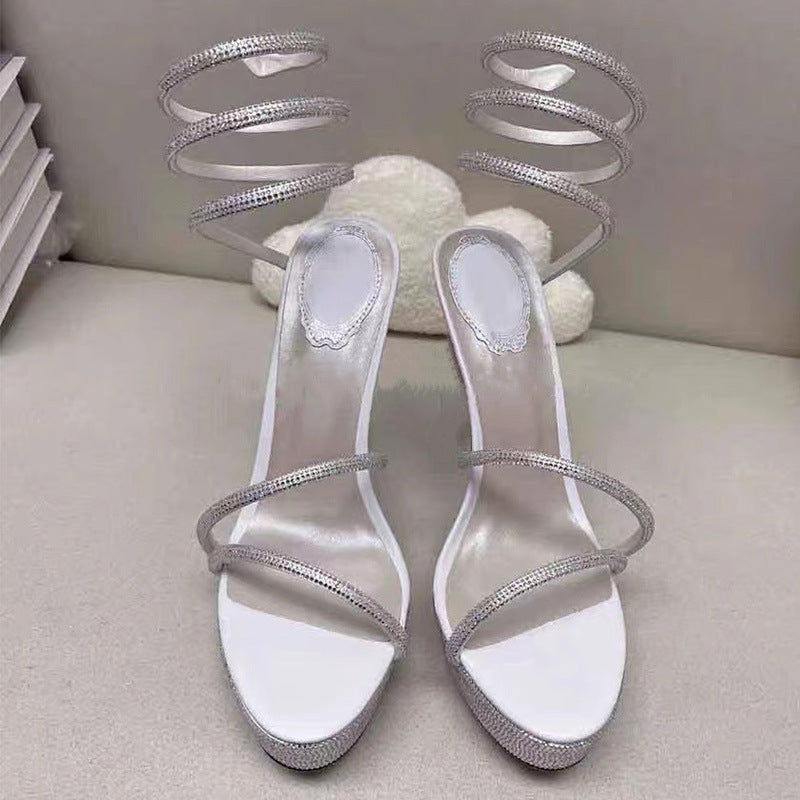 Women's Waterproof Platform Super Stiletto Snake-shaped Rao Strap Large Size For Heels