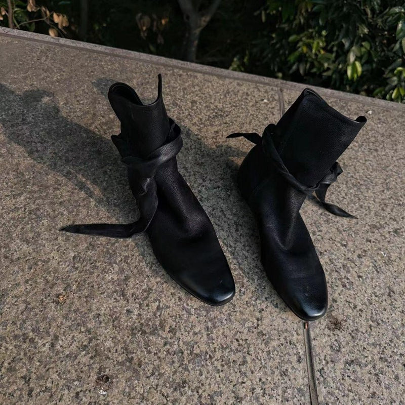 Minority Design Bow Strip Winding Booties Women's Leather Boots
