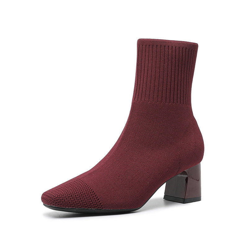 Women's Elastic Chunky Thin Knitted Sock Black Square Boots