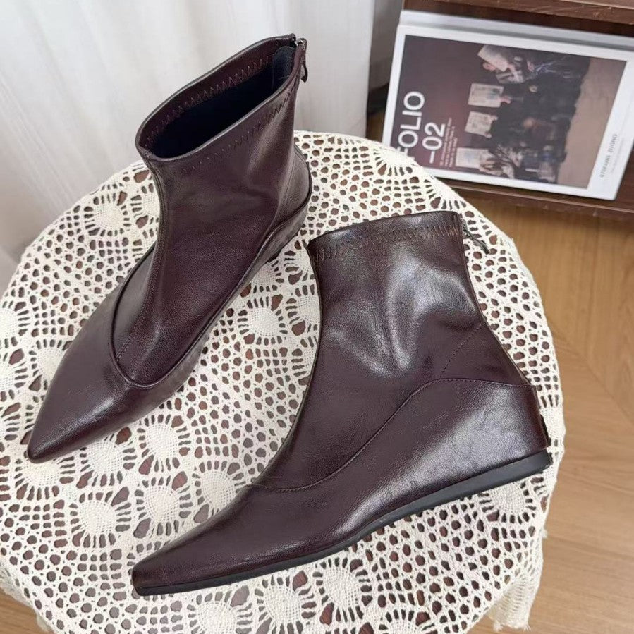 Increasing Insole Pointed Toe Knee-high Female Chelsea French Retro Skinny Women's Leather Boots