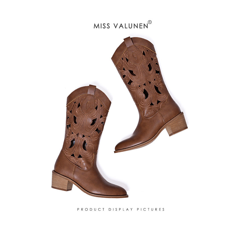 Women's Summer Hollow Out Western Cowboy Vintage Women's Leather Boots