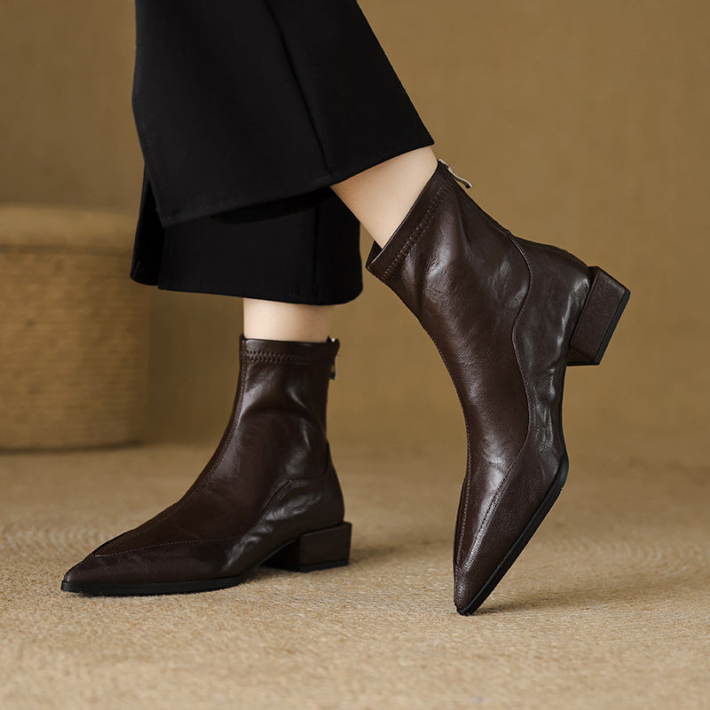 Women's Toe Stretch Thin Chunky Ankle Vintage Women's Leather Boots