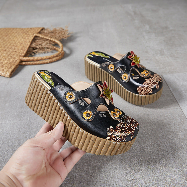Women's Summer Flower Genuine Ethnic Style Height Increasing Sandals