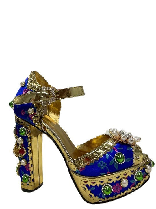 Women's Gold Mirror Rhinestone Flower Show Waterproof Platform High Heeled Sandals