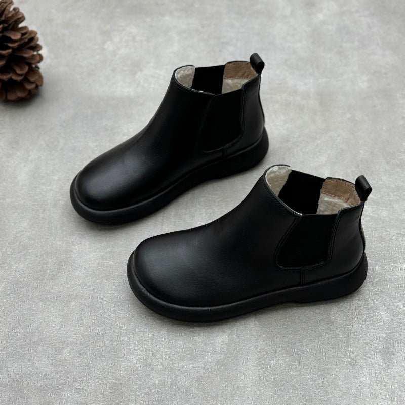 Women's Handmade Art Genuine Winter Round Toe Flat Bottom Slip-on Leather Shoes