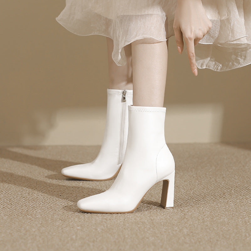 Women's High Booties Chunky Square Toe Skinny Boots