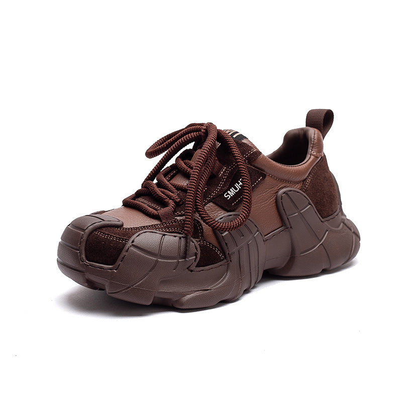 Women's Comfortable First Layer Cowhide Round Toe Dad Women's Casual Shoes