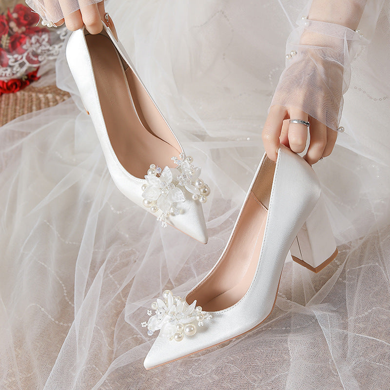 Women's Pearl Decorative Button High Wedding Bride Heels