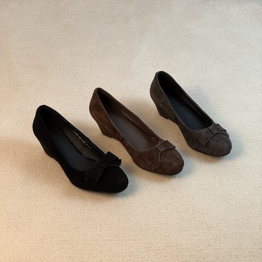 Spring Almond Head Suede Wedge Bow Slip-on Women's Fashion Shoes