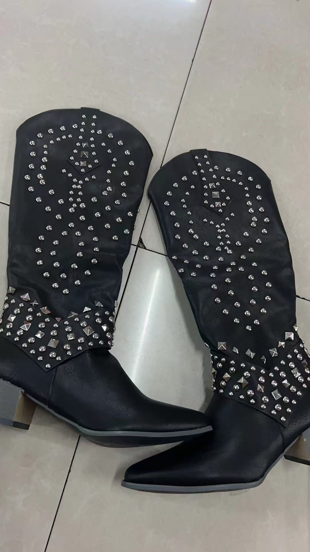 Women's Rivet Thick Mid Plus Size High Women's Leather Boots