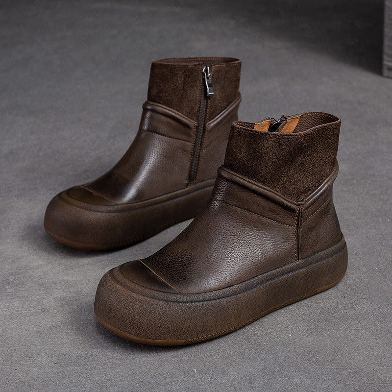 Women's Side Zipper Retro First Layer Cowhide Boots